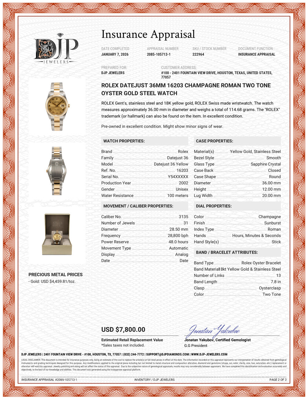 Rolex Datejust 36MM 16203 Champagne Roman Two Tone Oyster Gold Steel Watch