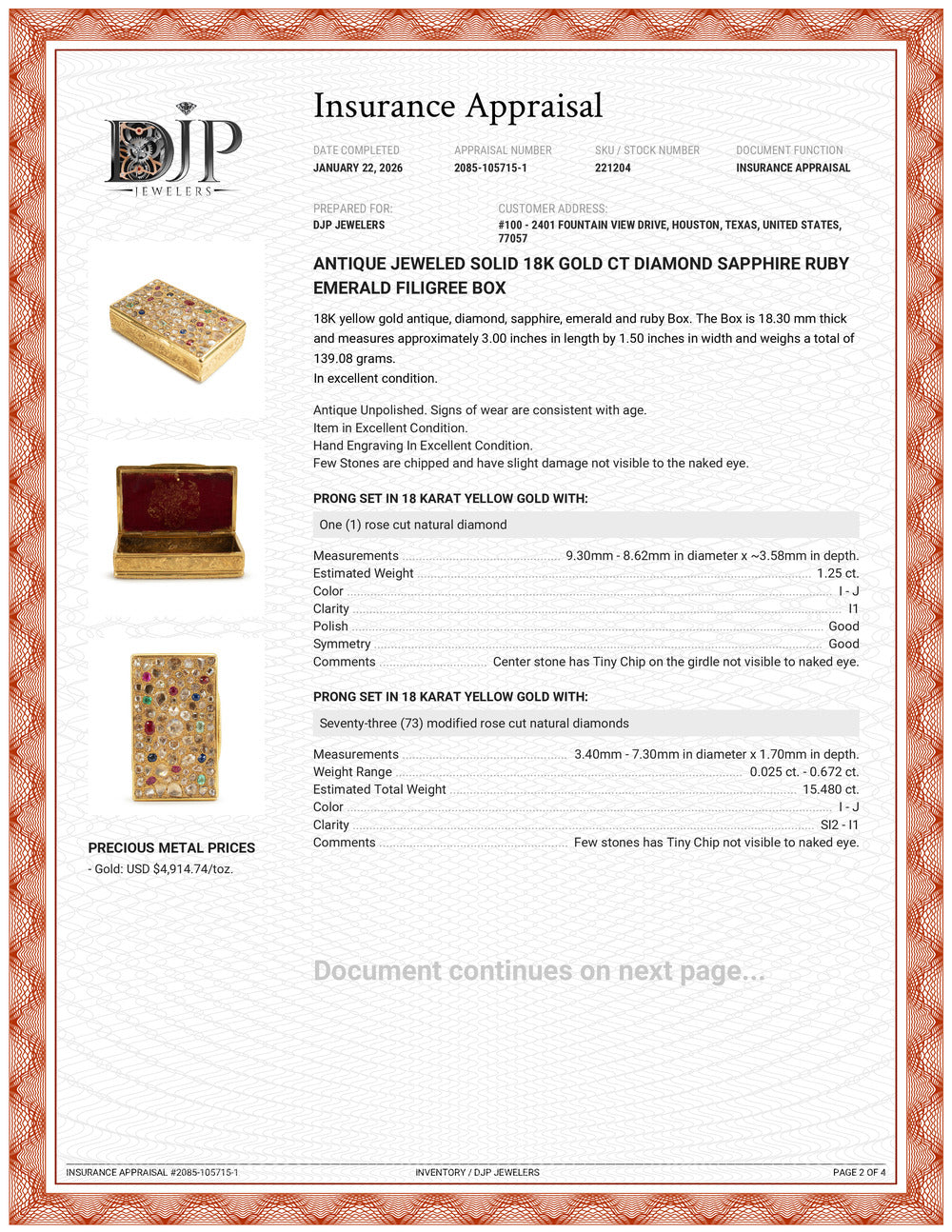 Antique Jeweled Solid 18K Gold CT Diamond Sapphire Ruby Emerald Filigree Box