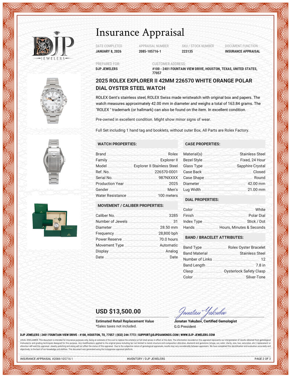 2025 Rolex Explorer II 42MM 226570 White Orange Polar Dial Oyster Steel Watch