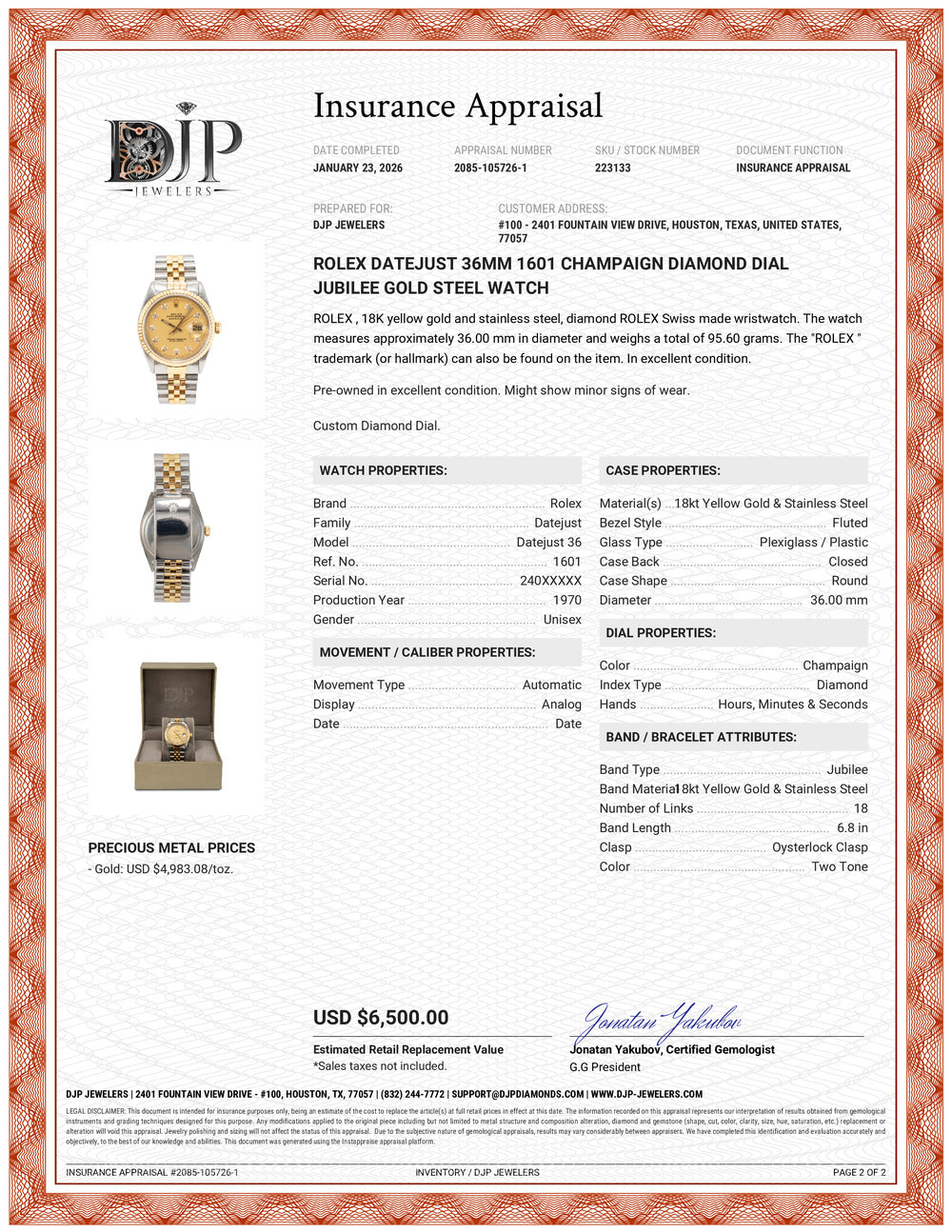 Rolex Datejust 36MM 1601 Champaign Diamond Dial Jubilee Gold Steel Watch