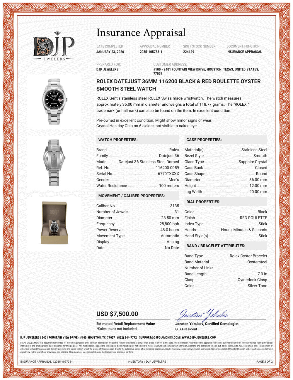 Rolex Datejust 36MM 116200 Black & Red Roulette Oyster Smooth Steel Watch