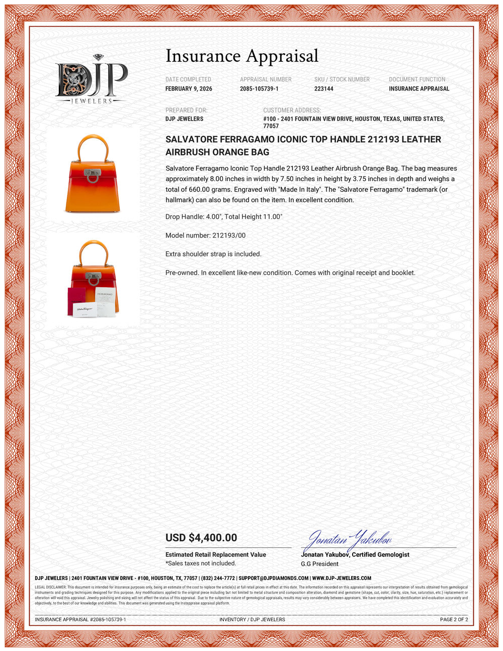 Salvatore Ferragamo Iconic Top Handle 212193 Leather Airbrush Orange B