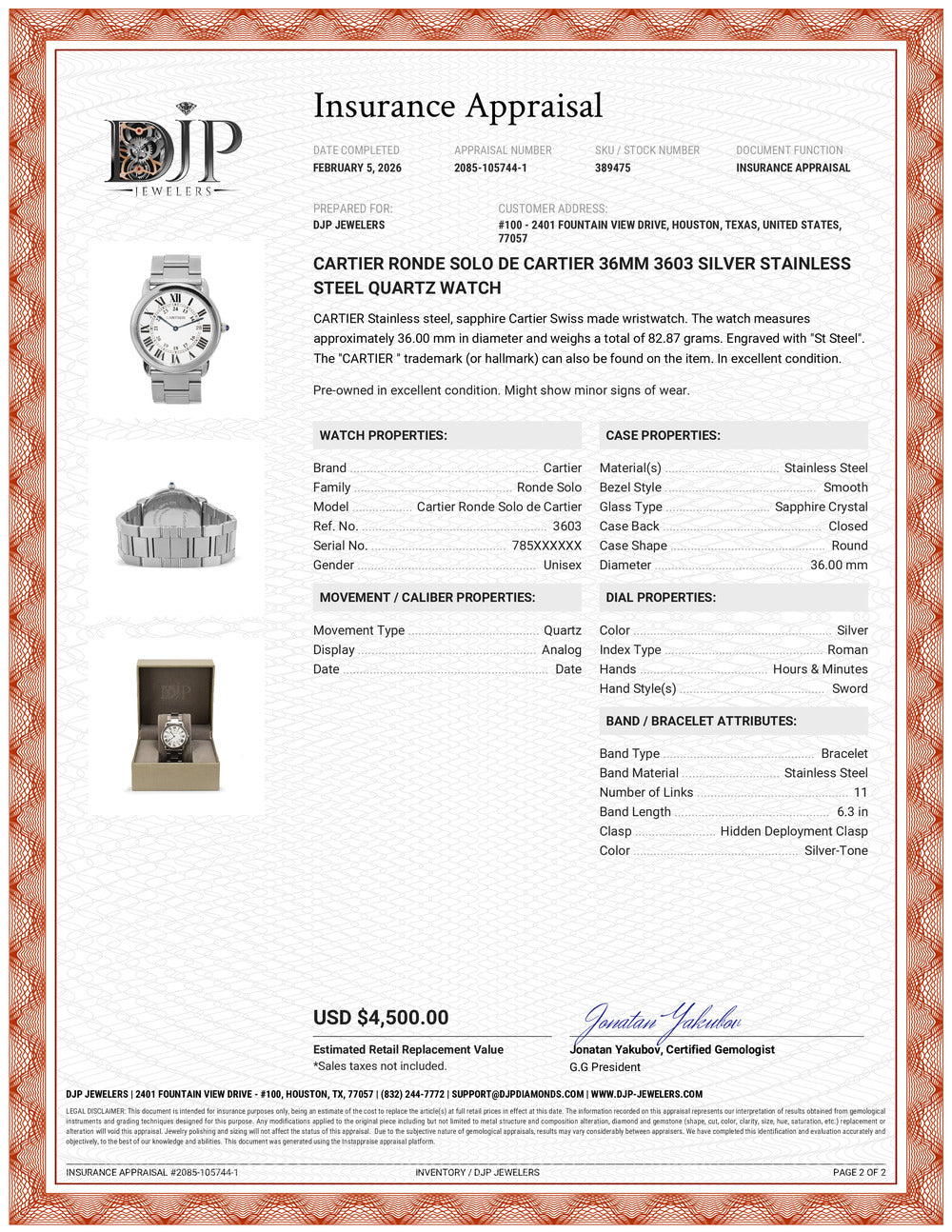 Cartier Ronde Solo de Cartier 36MM 3603 Silver Stainless Steel Quartz Watch