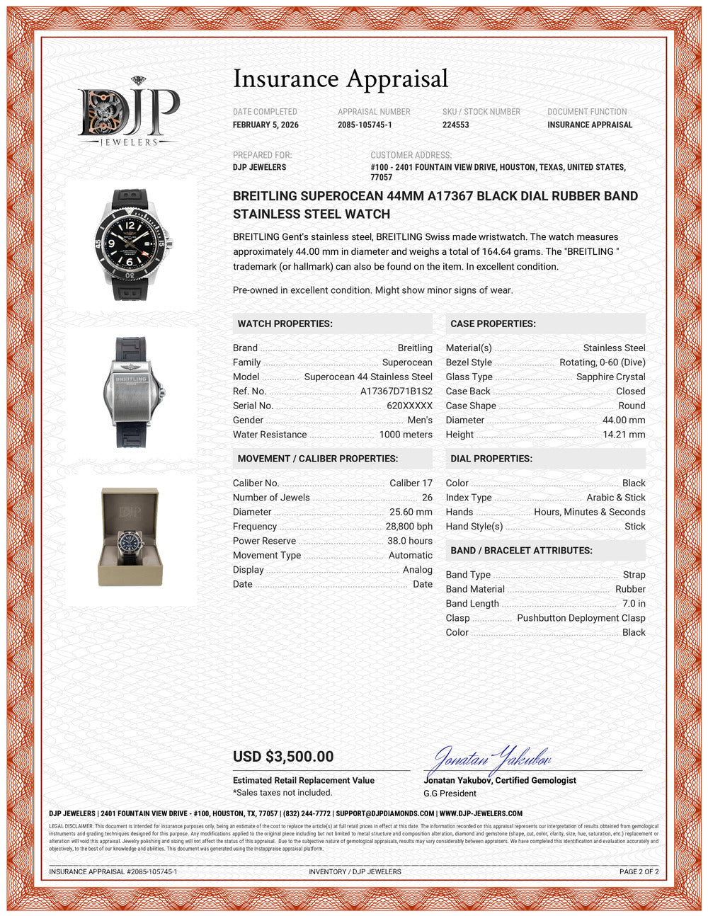 Breitling Superocean 44MM A17367 Black Dial Rubber Band Stainless Steel Watch