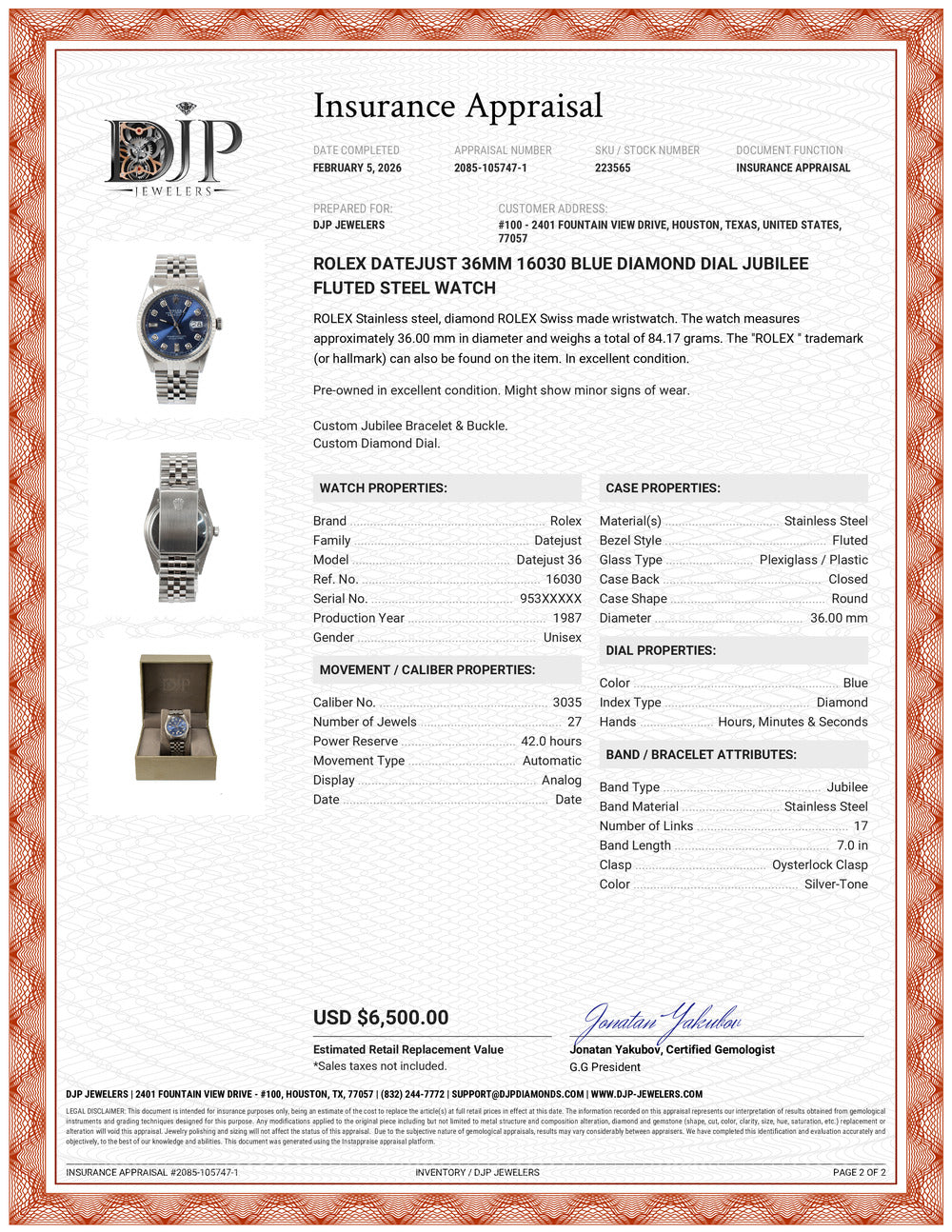 Rolex Datejust 36MM 16030 Blue Diamond Dial Jubilee Fluted Steel Watch