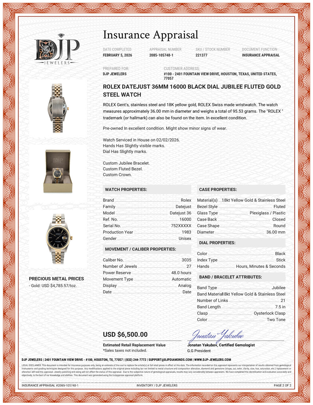 Rolex Datejust 36MM 16000 Black Dial Jubilee Fluted Gold Steel Watch