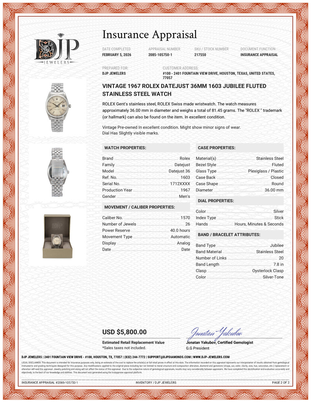 Vintage 1967 Rolex Datejust 36MM 1603 Jubilee Fluted Stainless Steel Watch