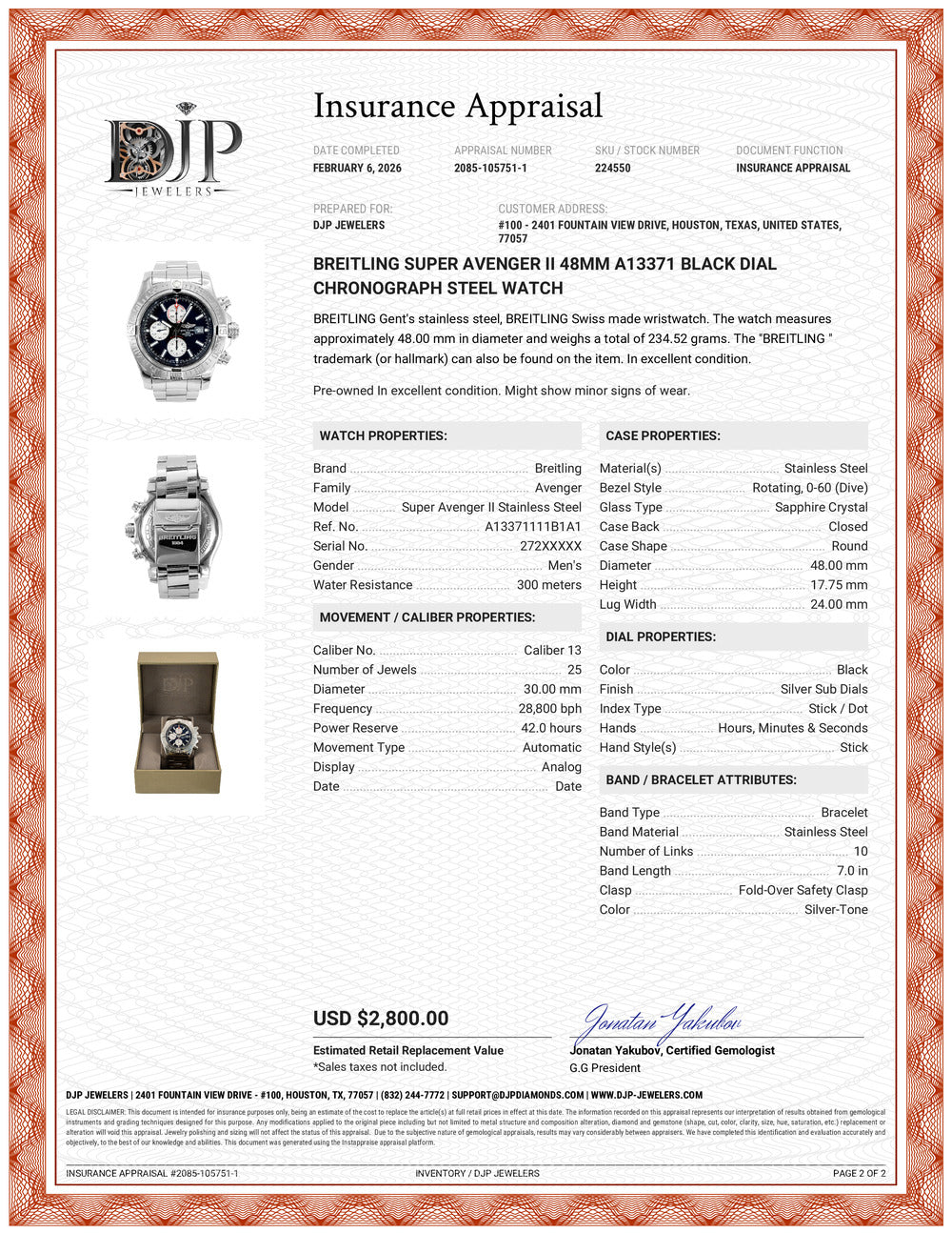 Breitling Super Avenger II 48MM A13371 Black Dial Chronograph Steel Watch