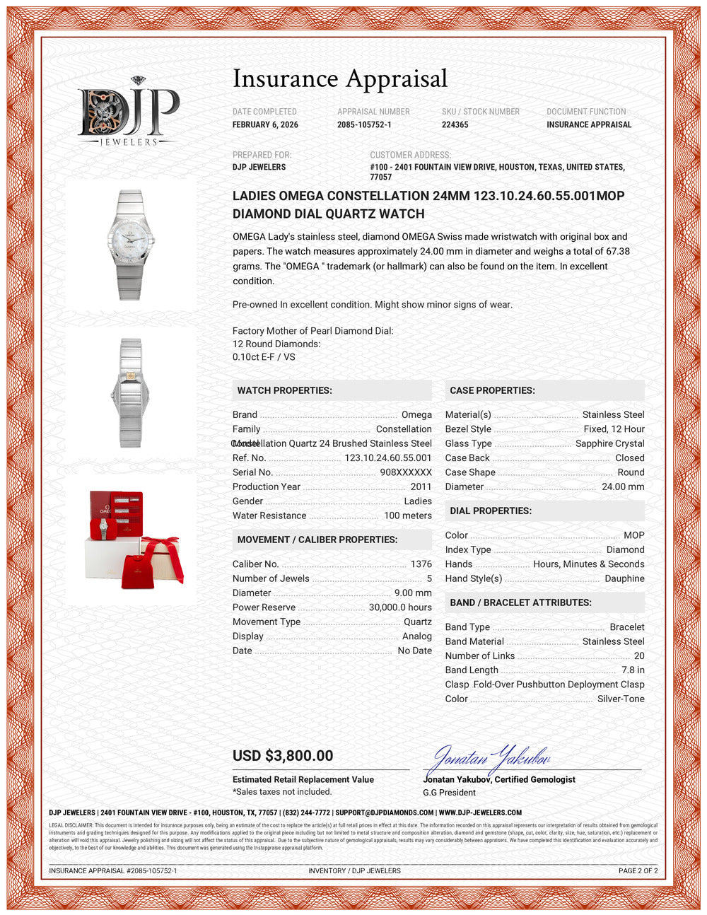 Ladies Omega Constellation 24MM 123.10.24.60.55.001mop Diamond Dial Quartz Watch