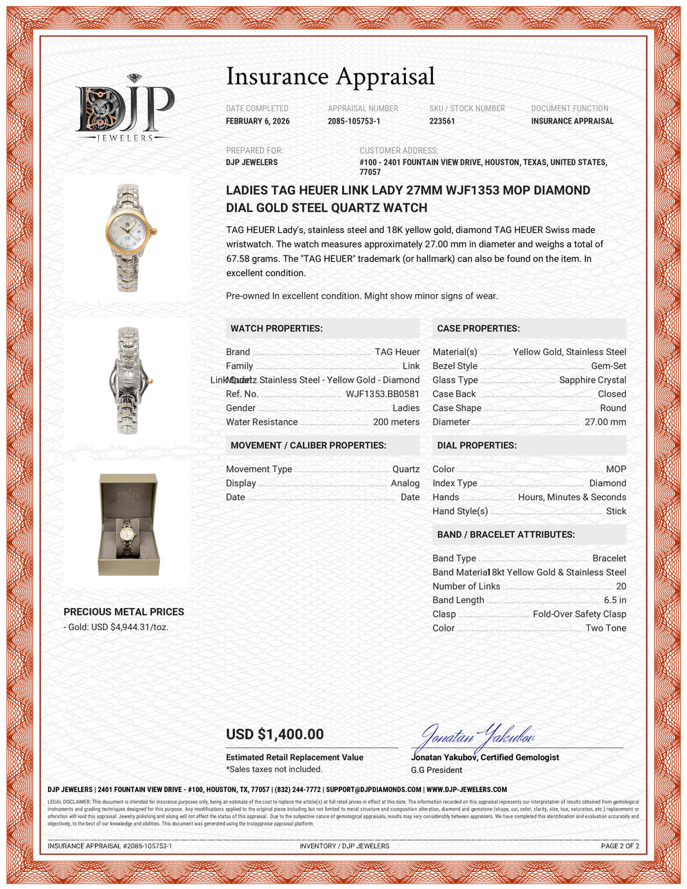 Ladies Tag Heuer Link Lady 27MM WJF1353 Mop Diamond Dial Gold Steel Quartz Watch