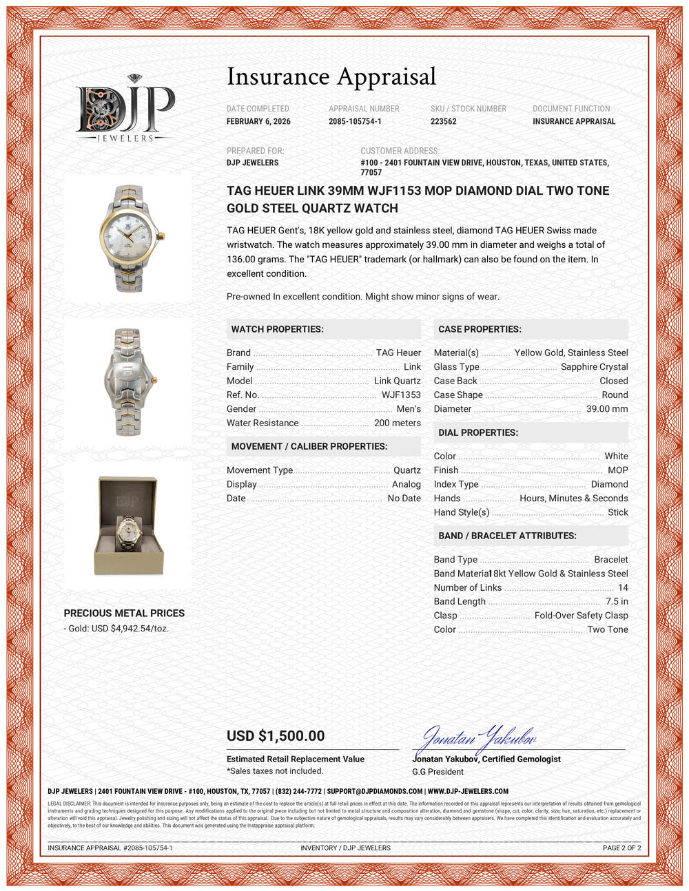 Tag Heuer Link 39MM WJF1153 Mop Diamond Dial Two Tone Gold Steel Quartz Watch