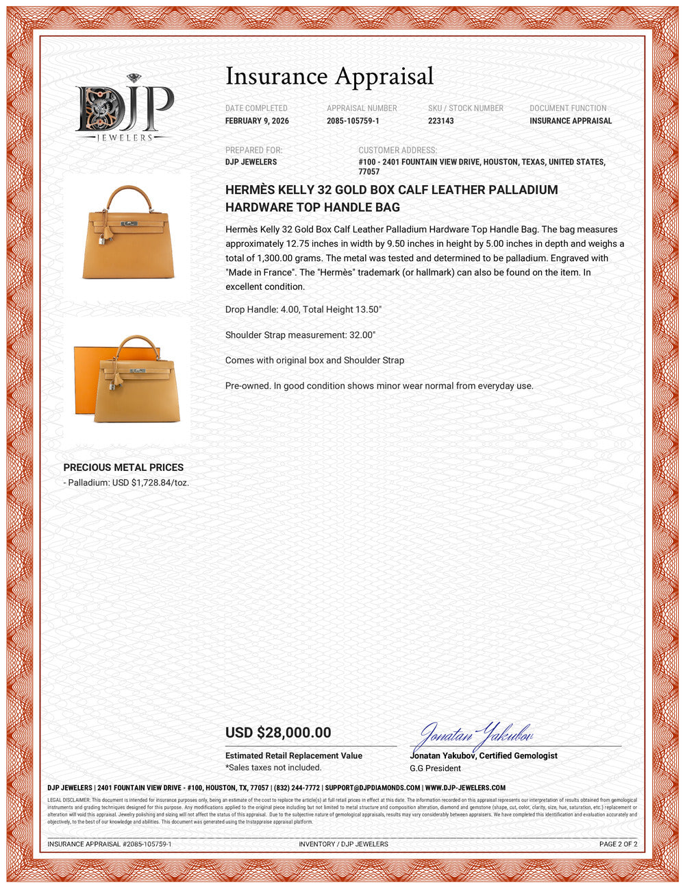 Hermes Kelly 32 Gold Box Calf Leather Palladium Hardware Top Handle Ba