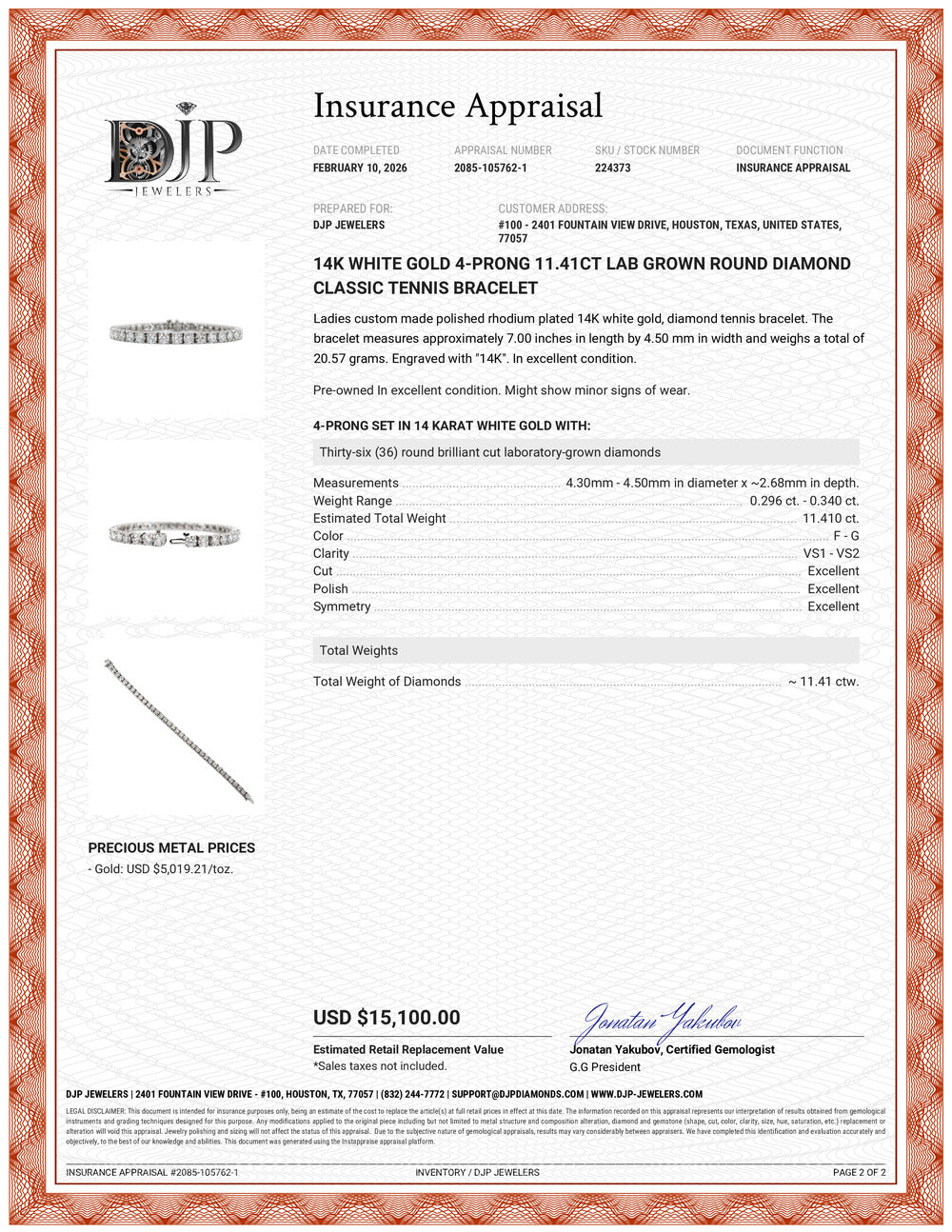 14K White Gold 4-Prong 11.41ct Lab Grown Round Diamond Classic Tennis Bracelet