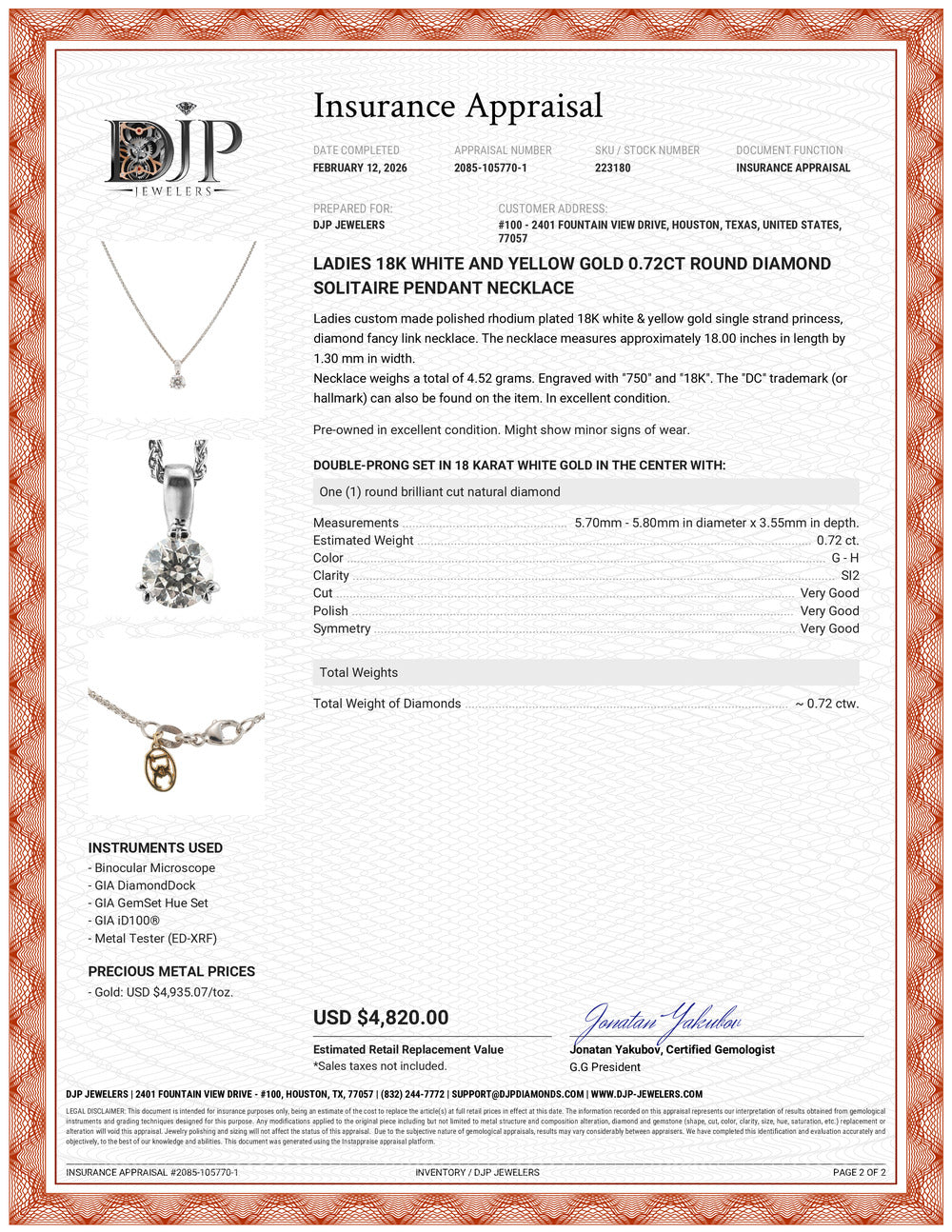 Ladies 18K White and Yellow Gold 0.72ct Round Diamond Solitaire Pendant Necklace