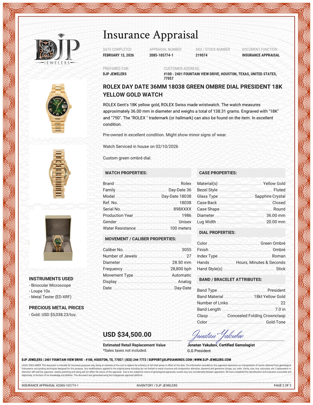Rolex Day Date 36MM 18038 Green Ombre Dial President 18K Yellow Gold Watch