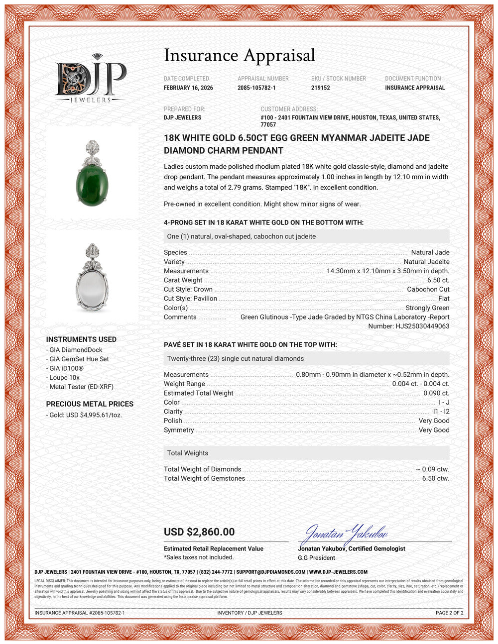 18K White Gold 6.50ct Egg Green Myanmar Jadeite Jade Diamond Charm Pendant