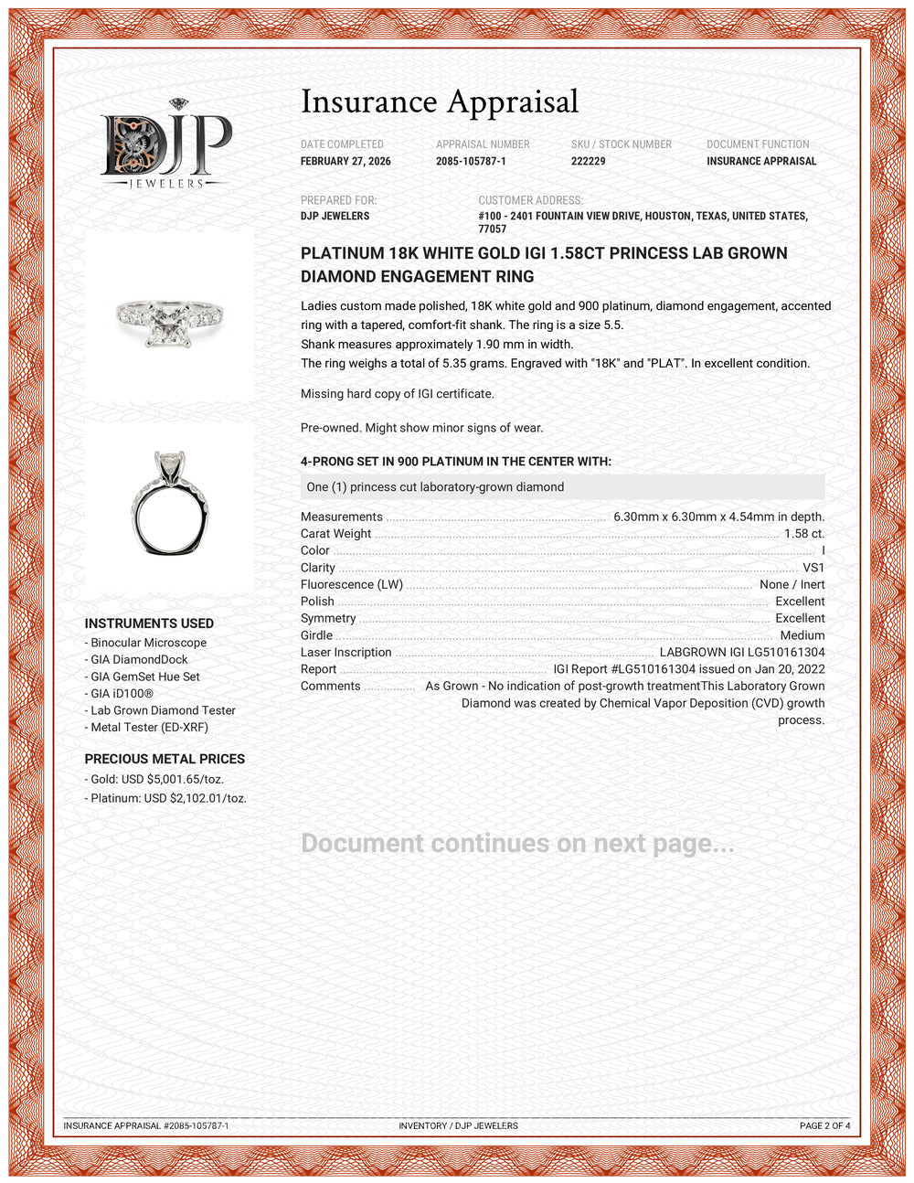 Platinum 18K White Gold Igi 1.58ct Princess Lab Grown Diamond Engagement Ring