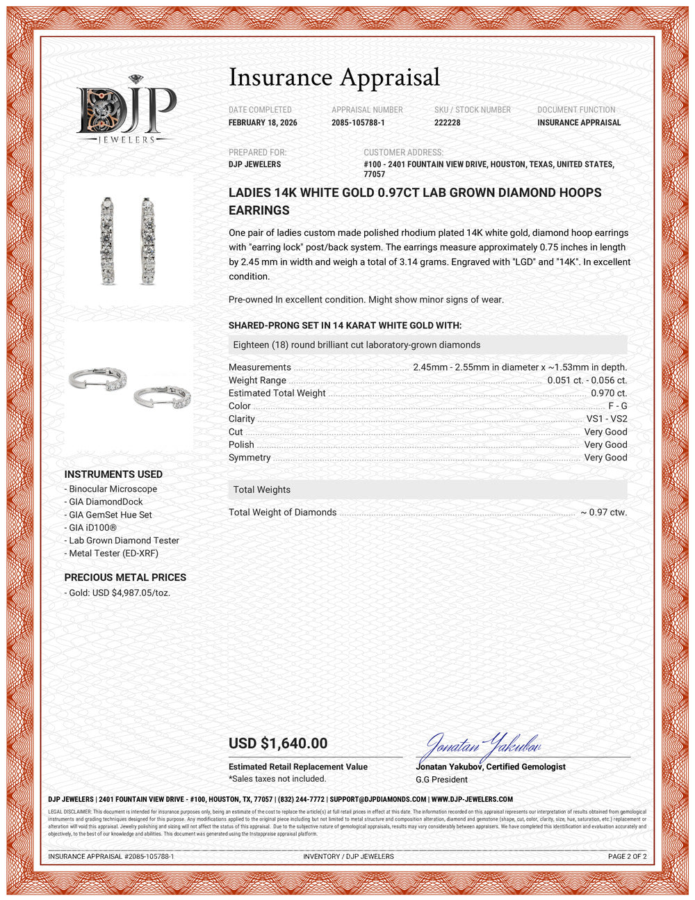 Ladies 14K White Gold 0.97ct Lab Grown Diamond Hoops Earrings