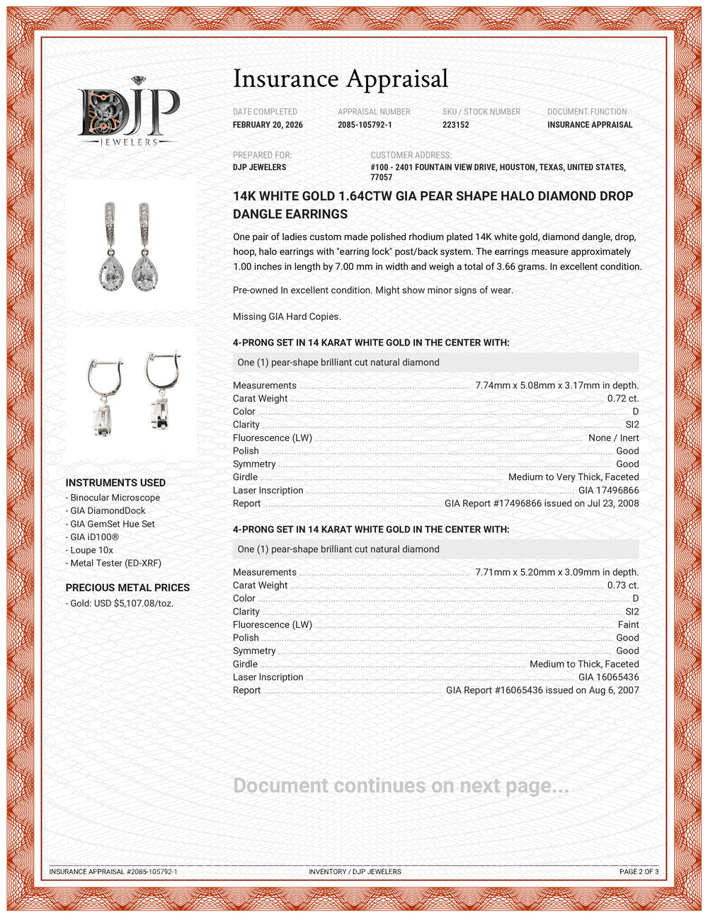 14K White Gold 1.64ctw Gia Pear Shape Halo Diamond Drop Dangle Earrings