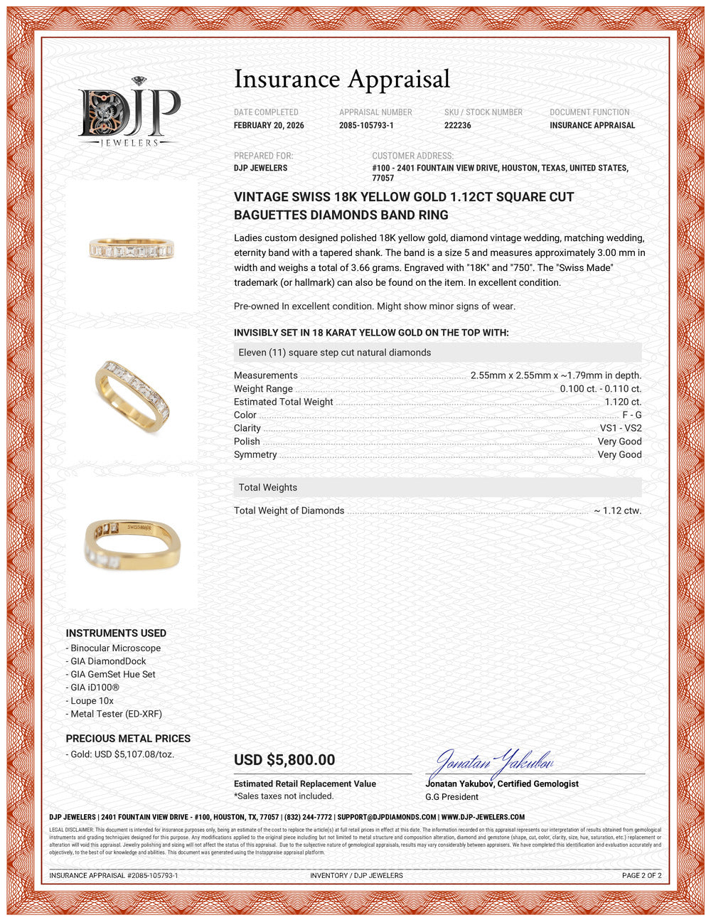 Vintage Swiss 18K Yellow Gold 1.12ct Square Cut Baguettes Diamonds Band Ring
