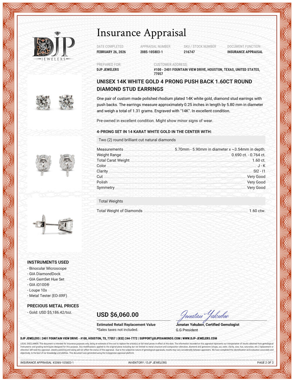 Unisex 14K White Gold 4 Prong Push Back 1.60ct Round Diamond Stud Earrings