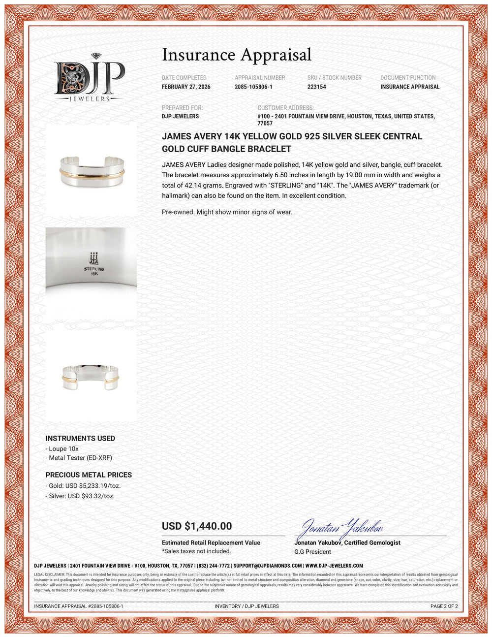 James Avery 14K Yellow Gold 925 Silver Sleek Central Gold Cuff Bangle Bracelet