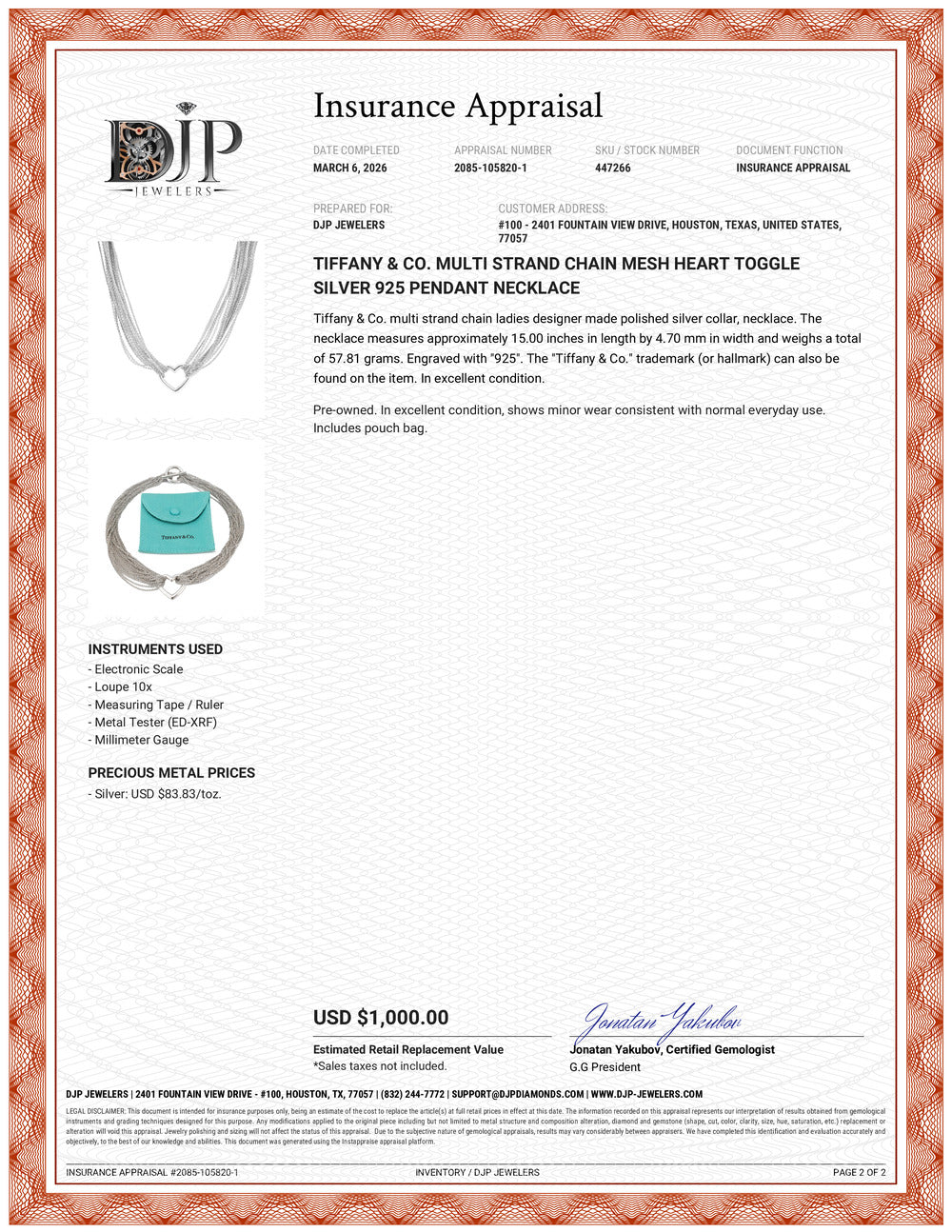 Tiffany & Co. Multi Strand Chain Mesh Heart Toggle Silver 925 Pendant Necklace