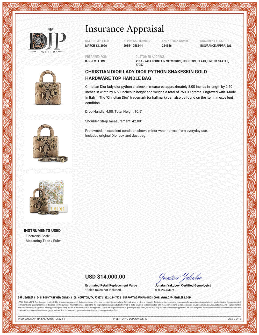 Christian Dior Lady Dior Python Snakeskin Gold Hardware Top Handle Bag