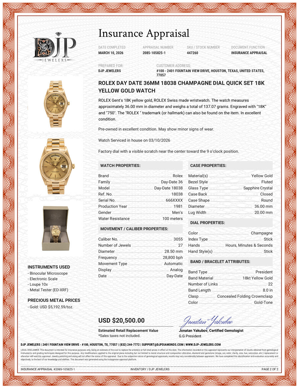 Rolex Day Date 36MM 18038 Champagne Dial Quick Set 18K Yellow Gold Watch