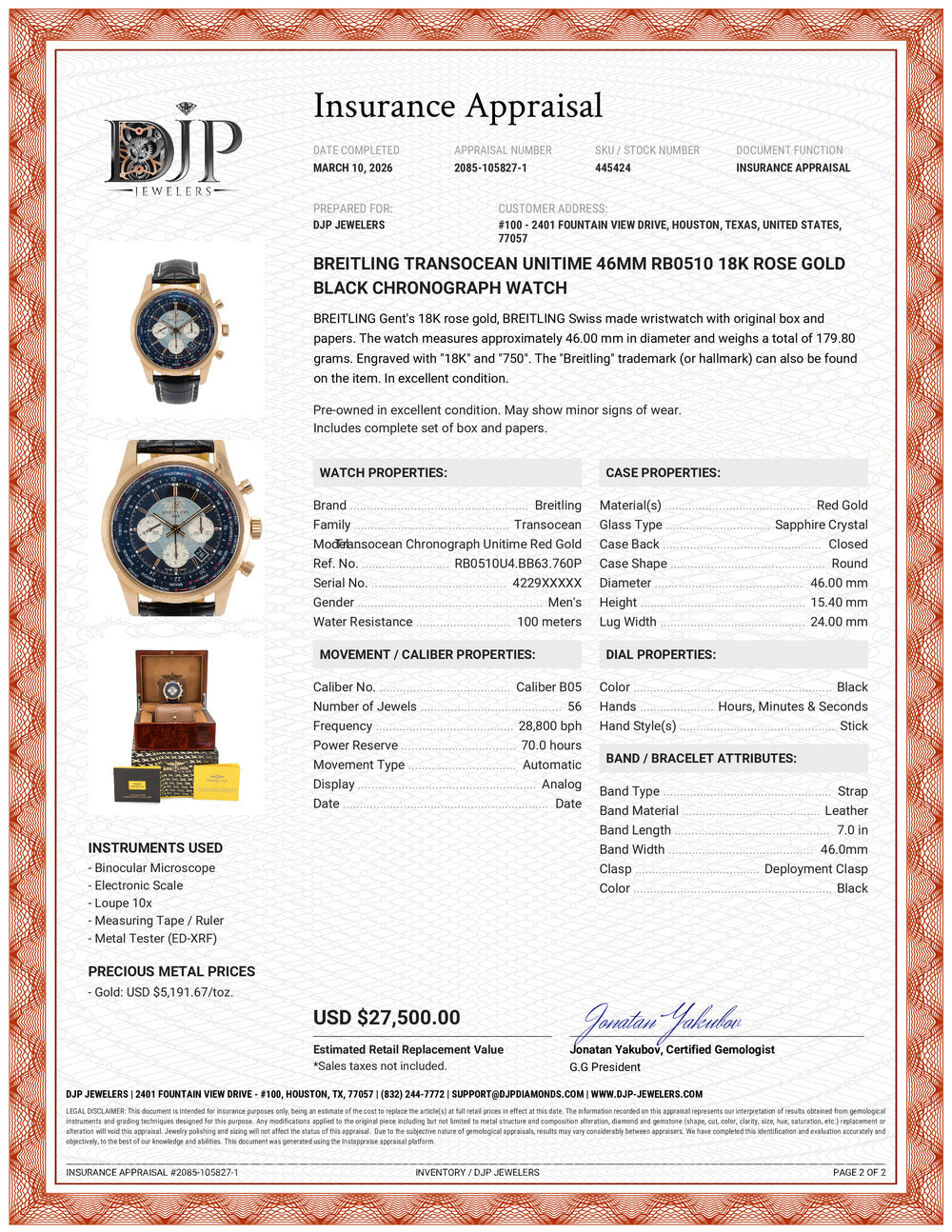 Breitling Transocean Unitime 46MM RB0510 18K Rose Gold Black Chronograph Watch