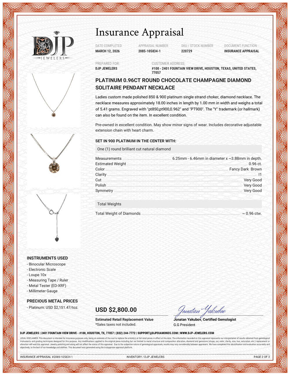 Platinum 0.96ct Round Chocolate Champagne Diamond Solitaire Pendant Necklace