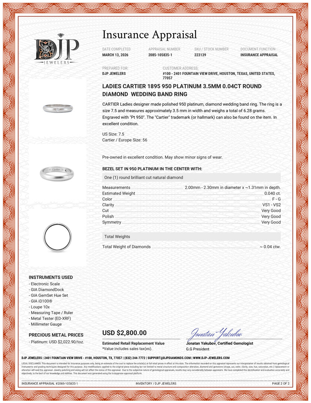 Ladies Cartier 1895 950 Platinum 3.5mm 0.04ct Round Diamond Wedding Band Ring