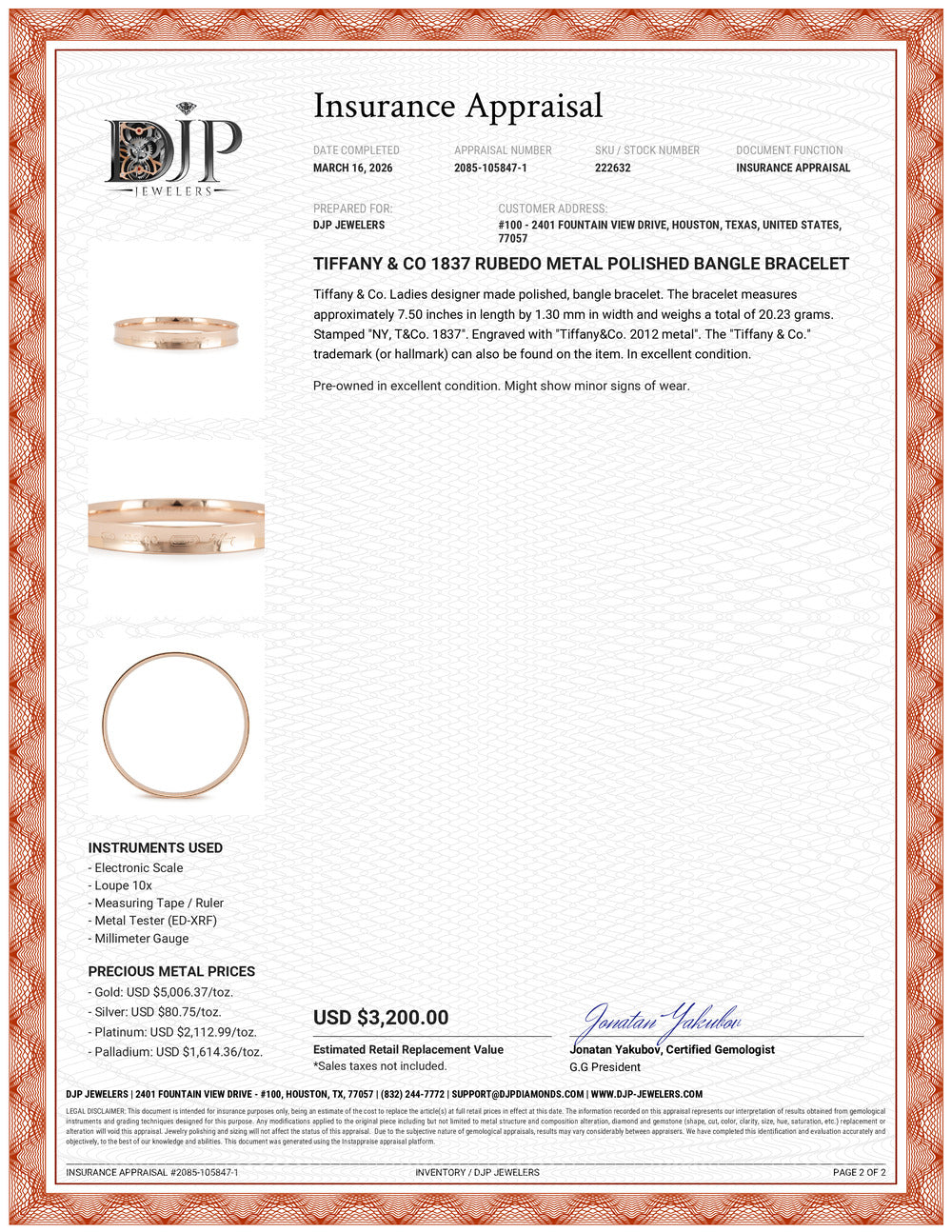 Tiffany & Co 1837 Rubedo Metal Polished Bangle Bracelet