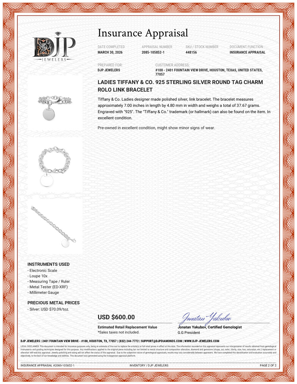 Ladies Tiffany & Co. 925 Sterling Silver Round Tag Charm Rolo Link Bracelet