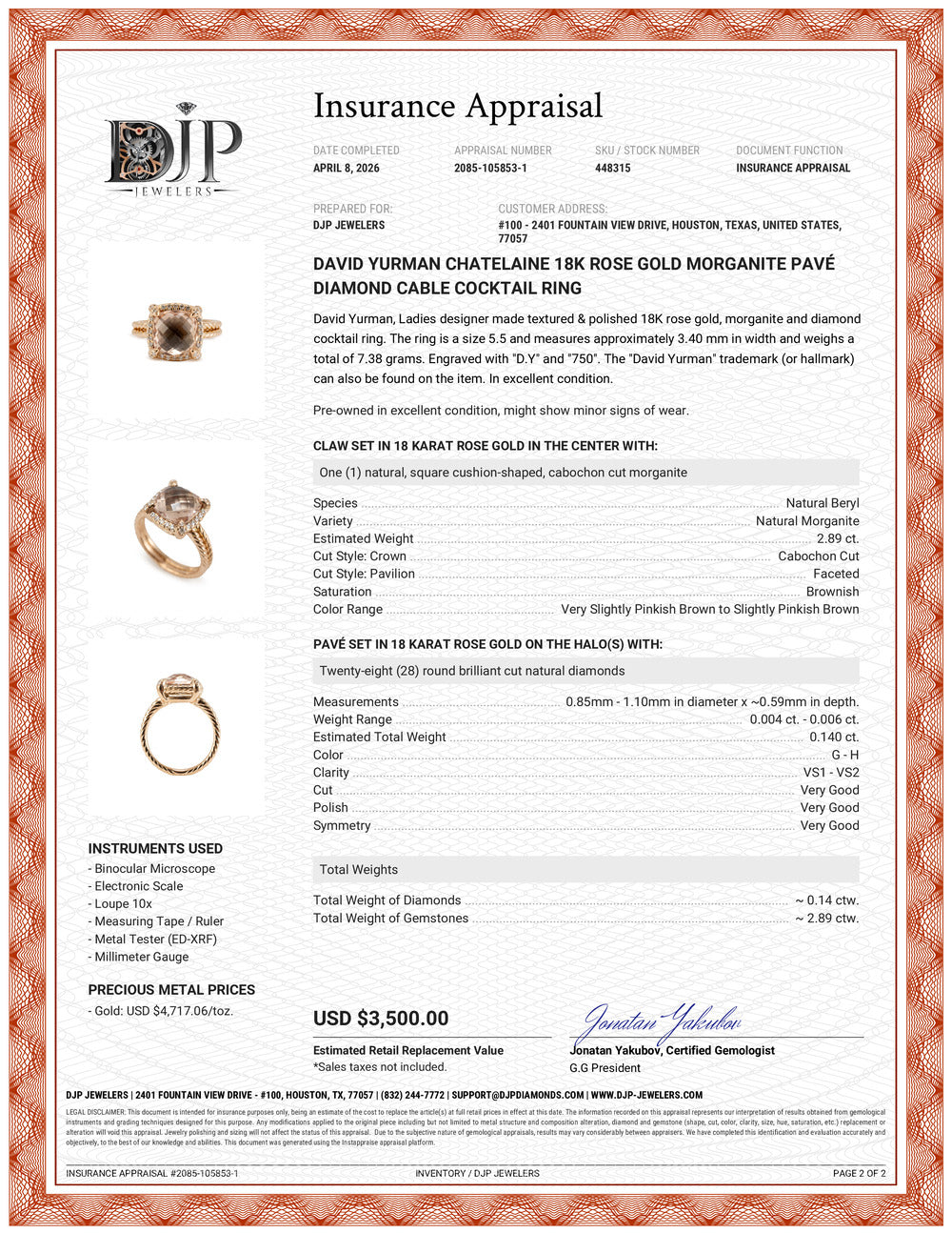 David Yurman Chatelaine 18K Rose Gold Morganite Pavé Diamond Cable Cocktail Ring