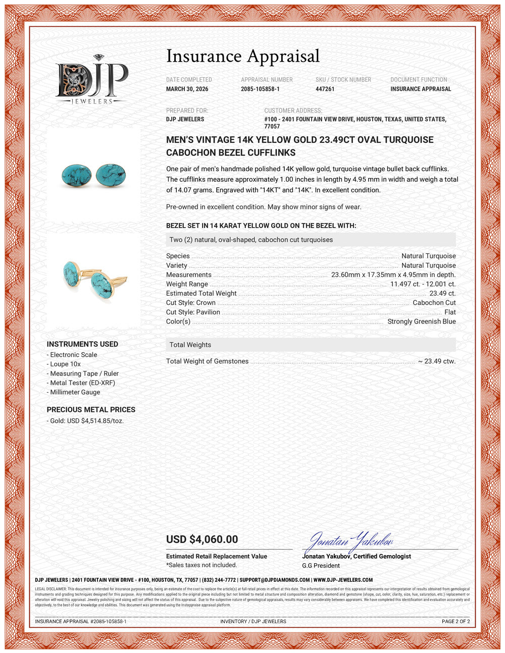 Men’s Vintage 14K Yellow Gold 23.49ct Oval Turquoise Cabochon Bezel Cufflinks