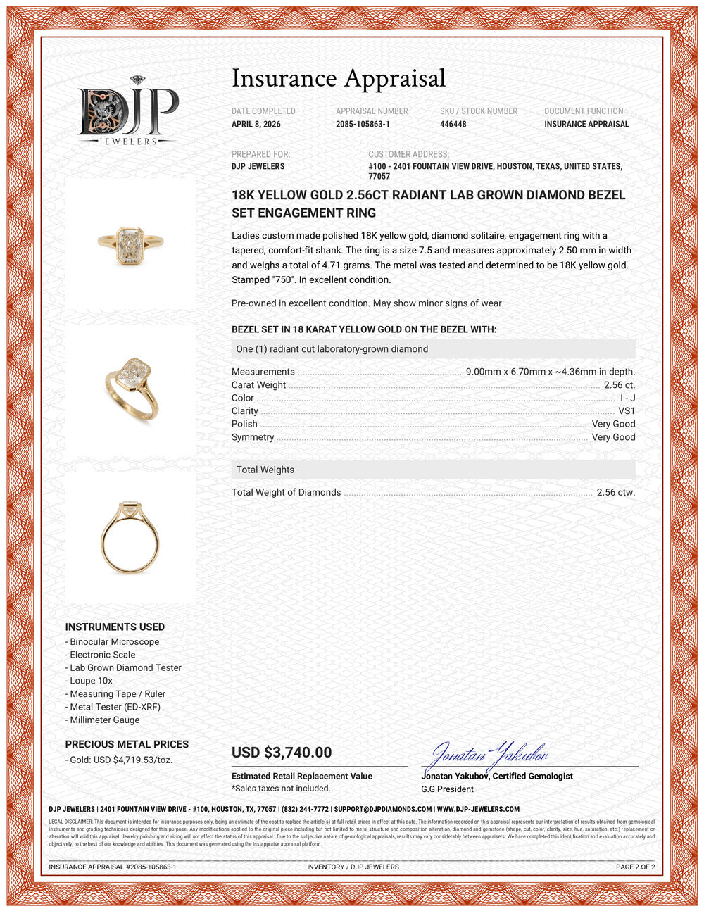 18K Yellow Gold 2.56ct Radiant Lab Grown Diamond Bezel Set Engagement Ring