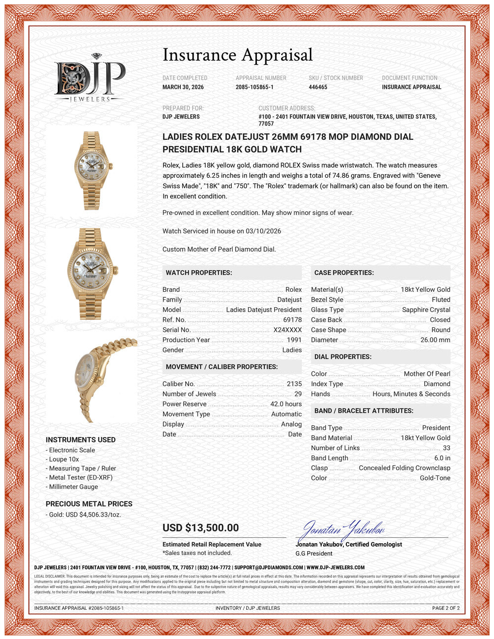 Ladies Rolex Datejust 26MM 69178 Mop Diamond Dial Presidential 18K Gold Watch