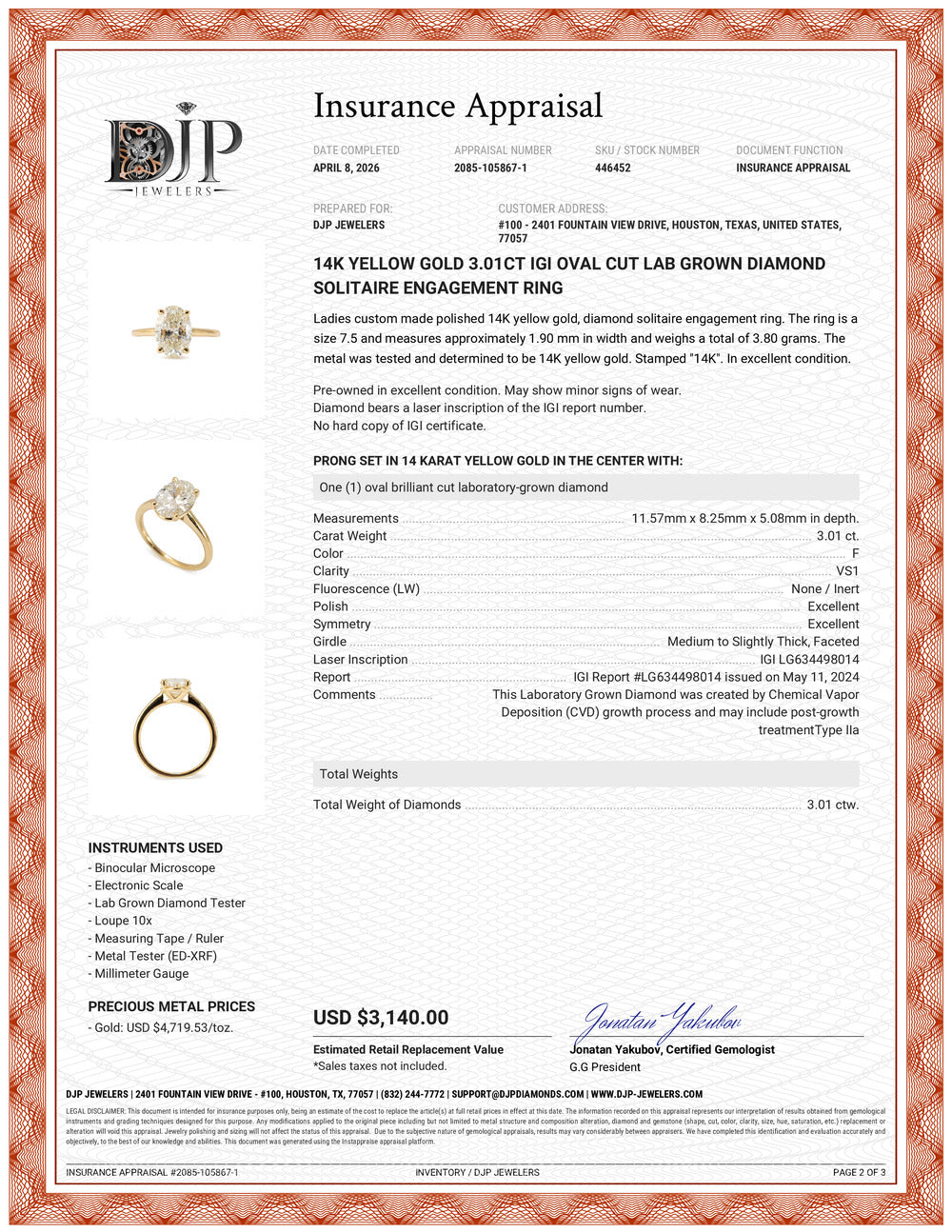 14K Yellow Gold 3.01ct Igi Oval Cut Lab Grown Diamond Solitaire Engagement Ring