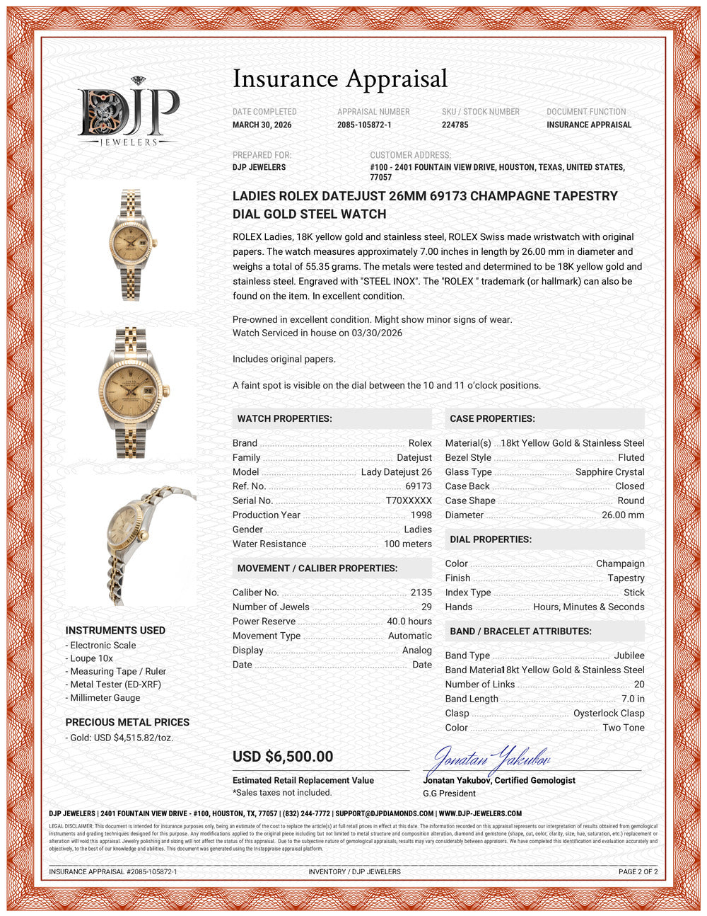 Ladies Rolex Datejust 26MM 69173 Champagne Tapestry Dial Gold Steel Watch
