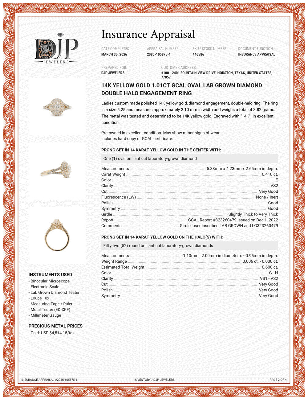 14K Yellow Gold 1.01ct Gcal Oval Lab Grown Diamond Double Halo Engagement Ring