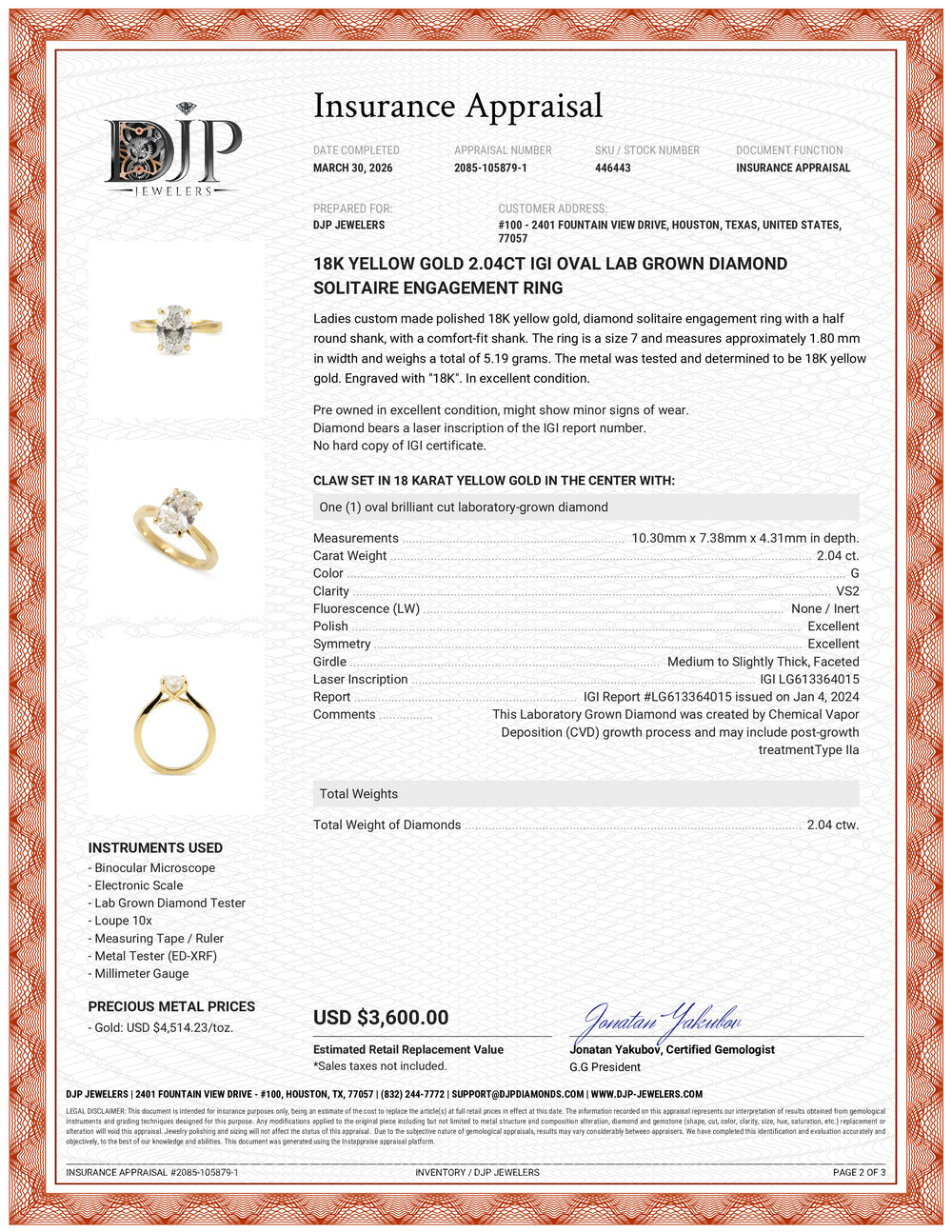 18K Yellow Gold 2.04ct Igi Oval Lab Grown Diamond Solitaire Engagement Ring