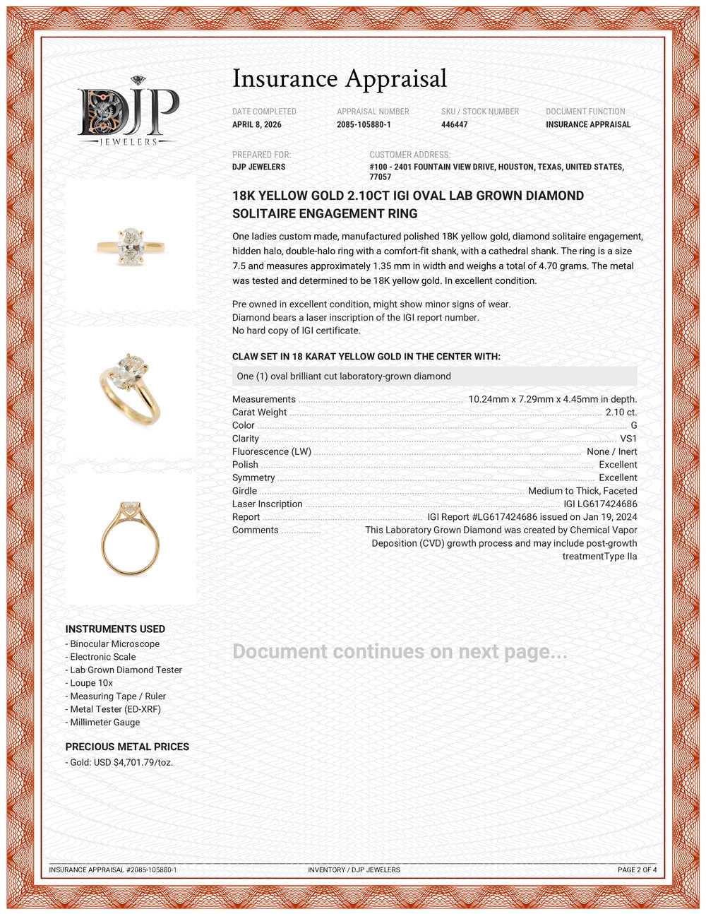 18K Yellow Gold 2.10ct Igi Oval Lab Grown Diamond Solitaire Engagement Ring