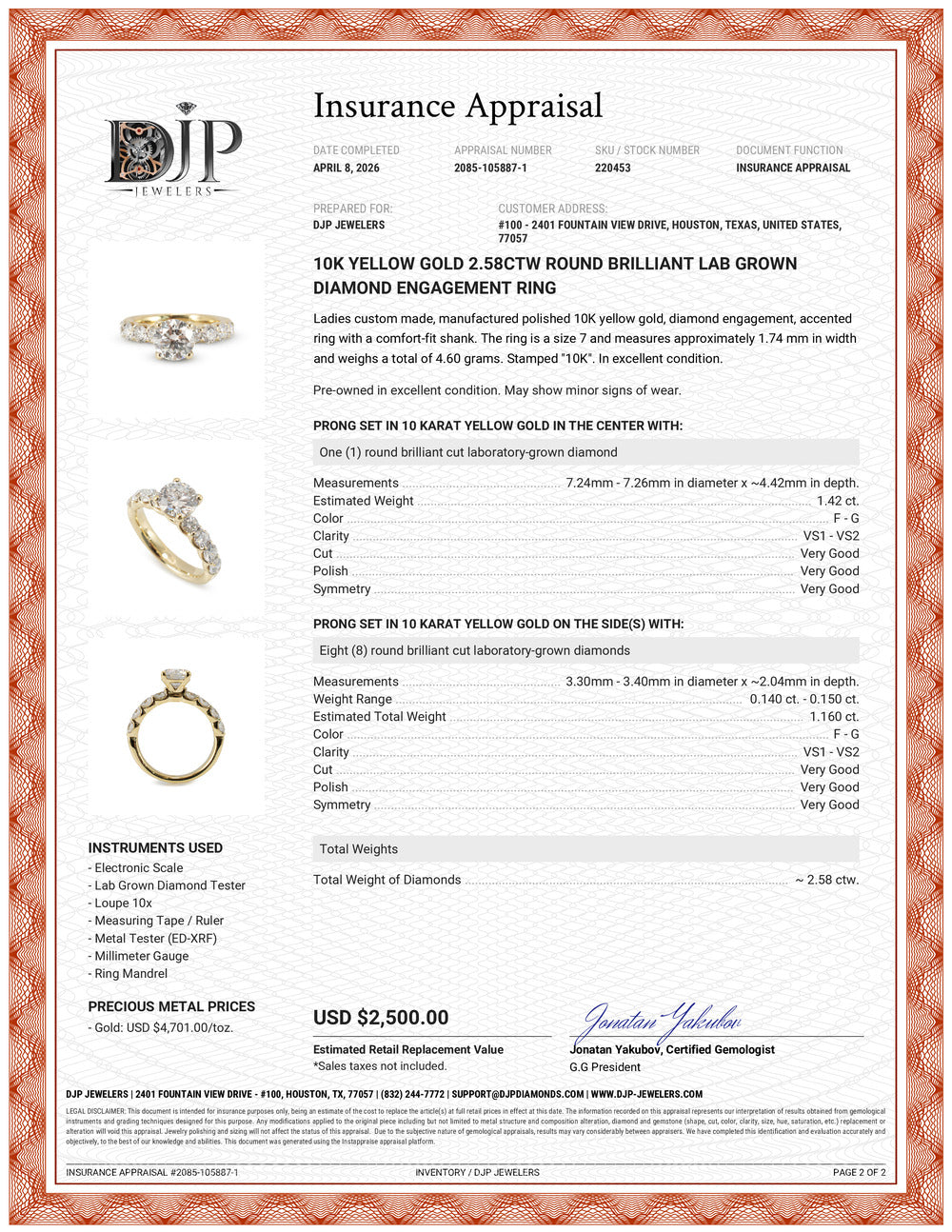 10K Yellow Gold 2.58ctw Round Brilliant Lab Grown Diamond Engagement Ring