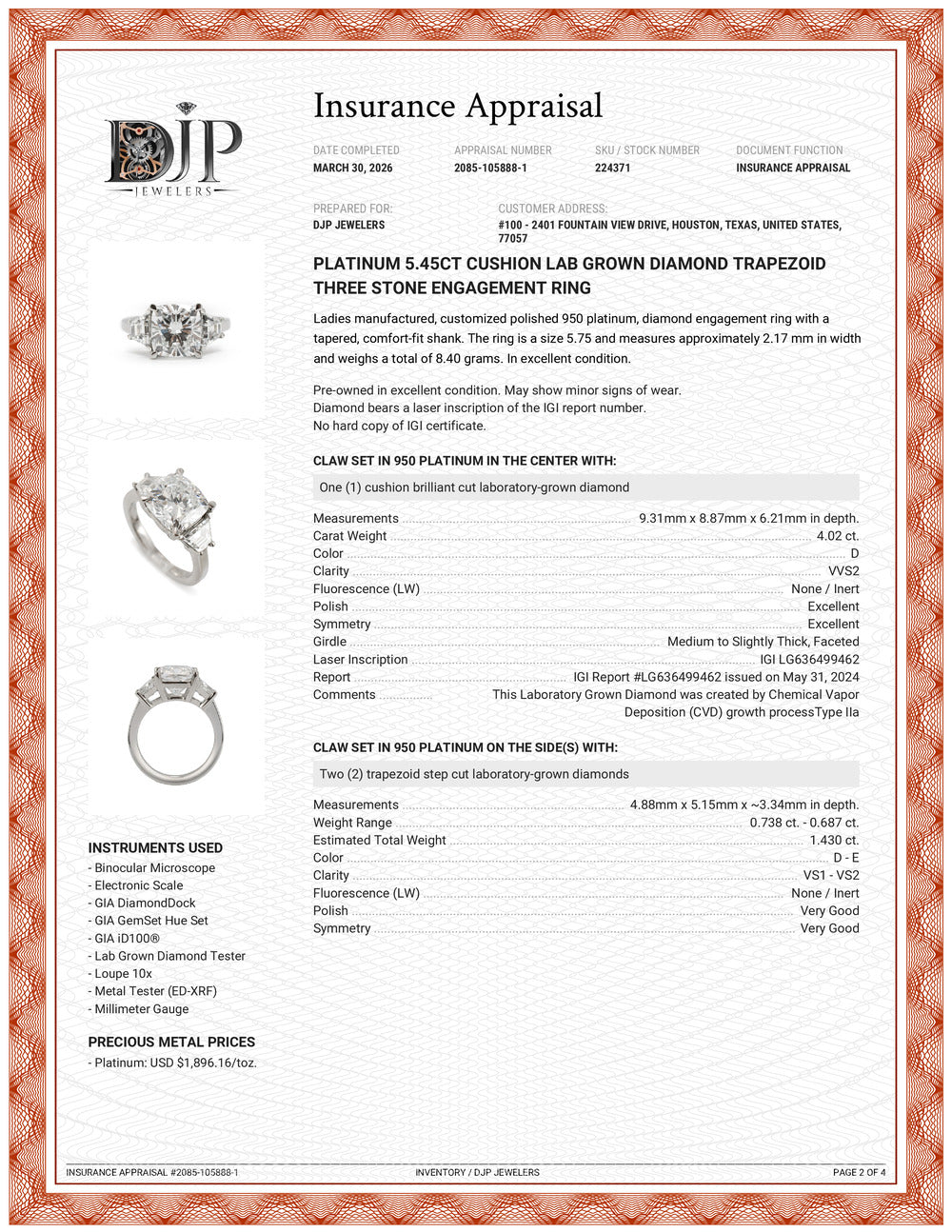 Platinum 5.45ct Cushion Lab Grown Diamond Trapezoid Three Stone Engagement Ring