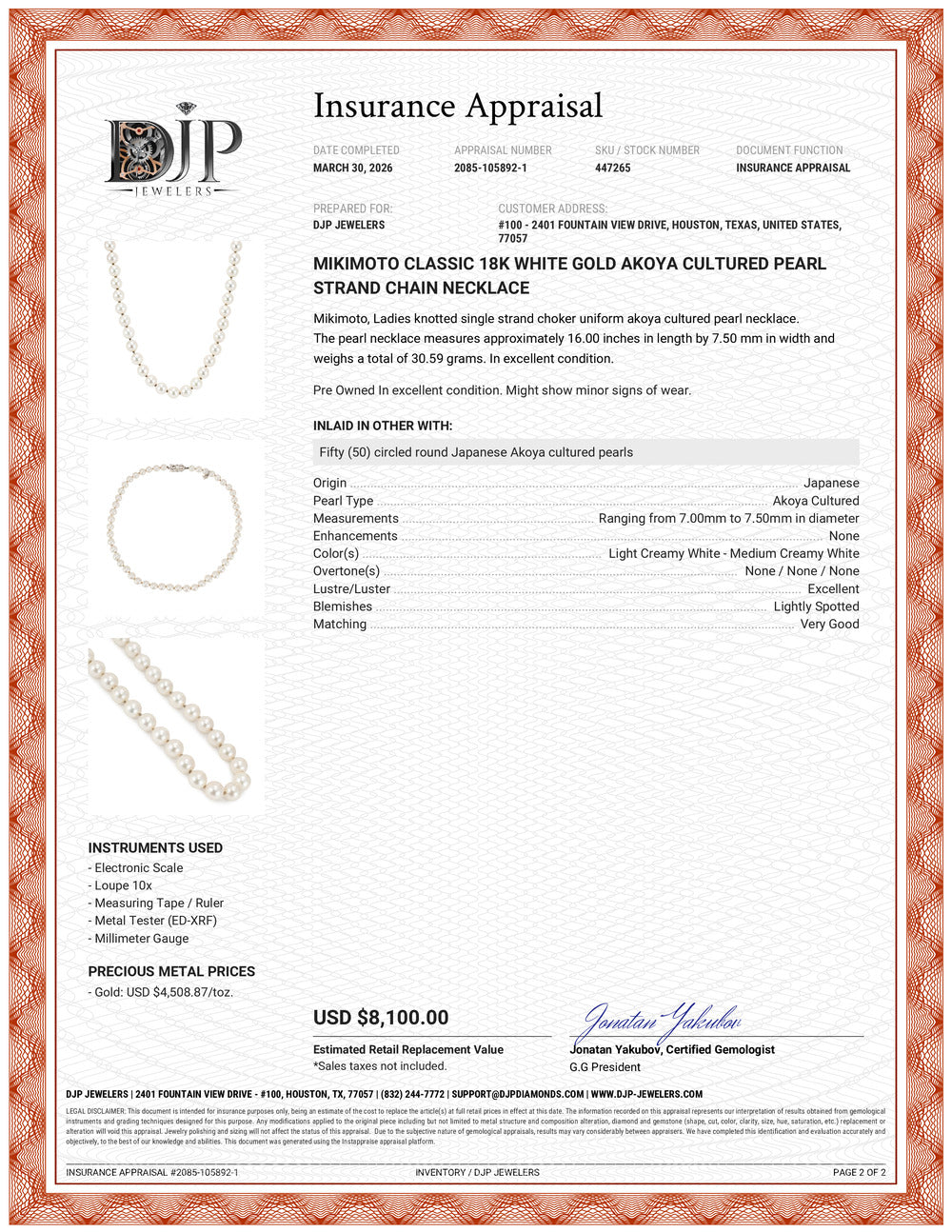 Mikimoto Classic 18K White Gold Akoya Cultured Pearl Strand Chain Necklace