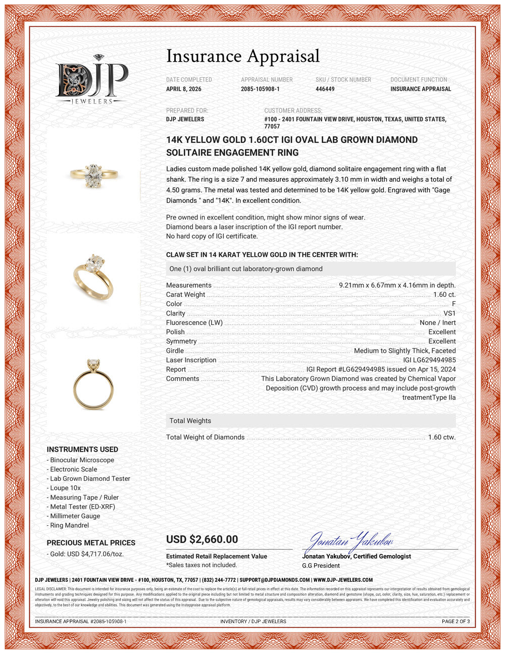 14K Yellow Gold 1.60ct Igi Oval Lab Grown Diamond Solitaire Engagement Ring