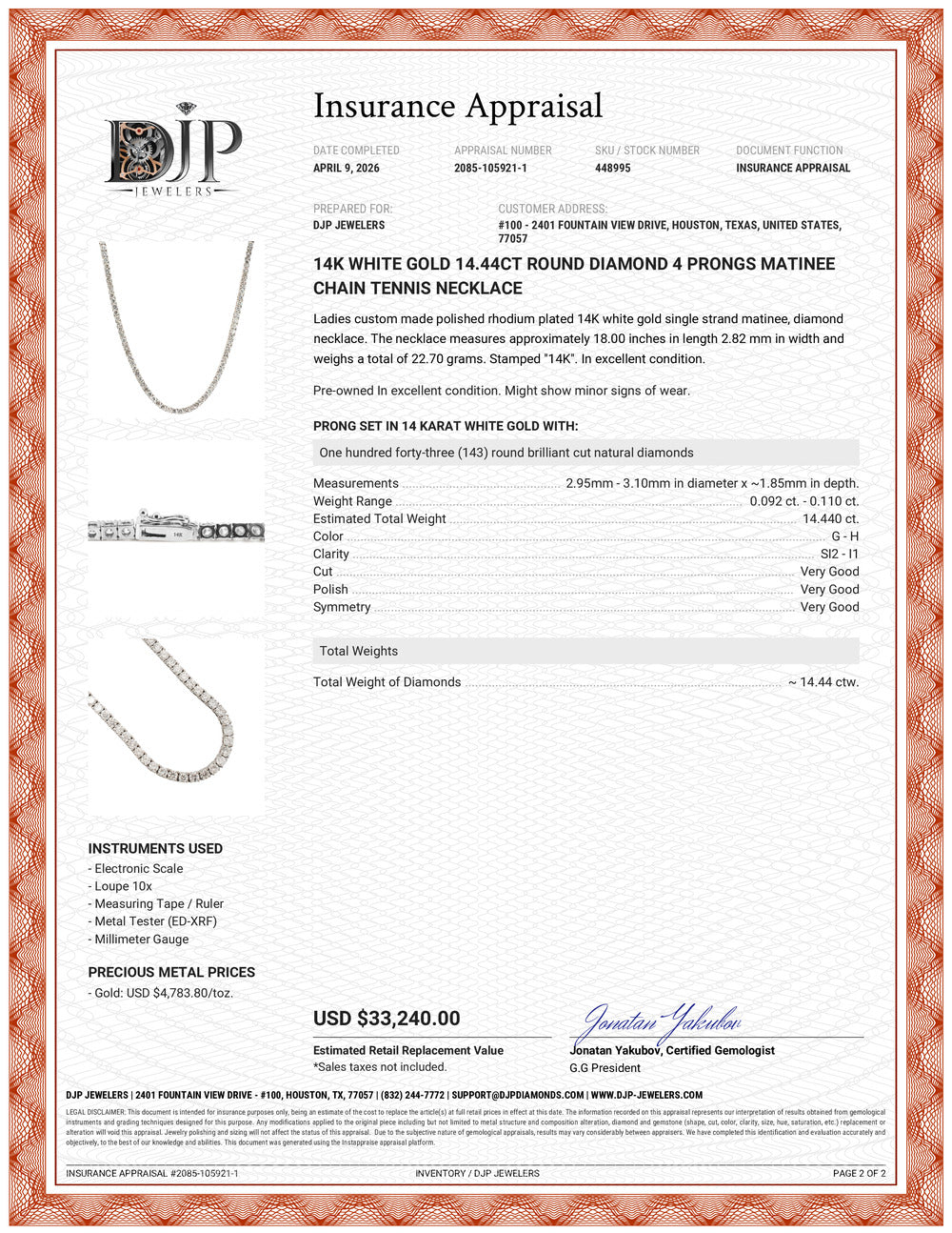 14K White Gold 14.44ct Round Diamond 4 Prongs Princess Chain Tennis Necklace
