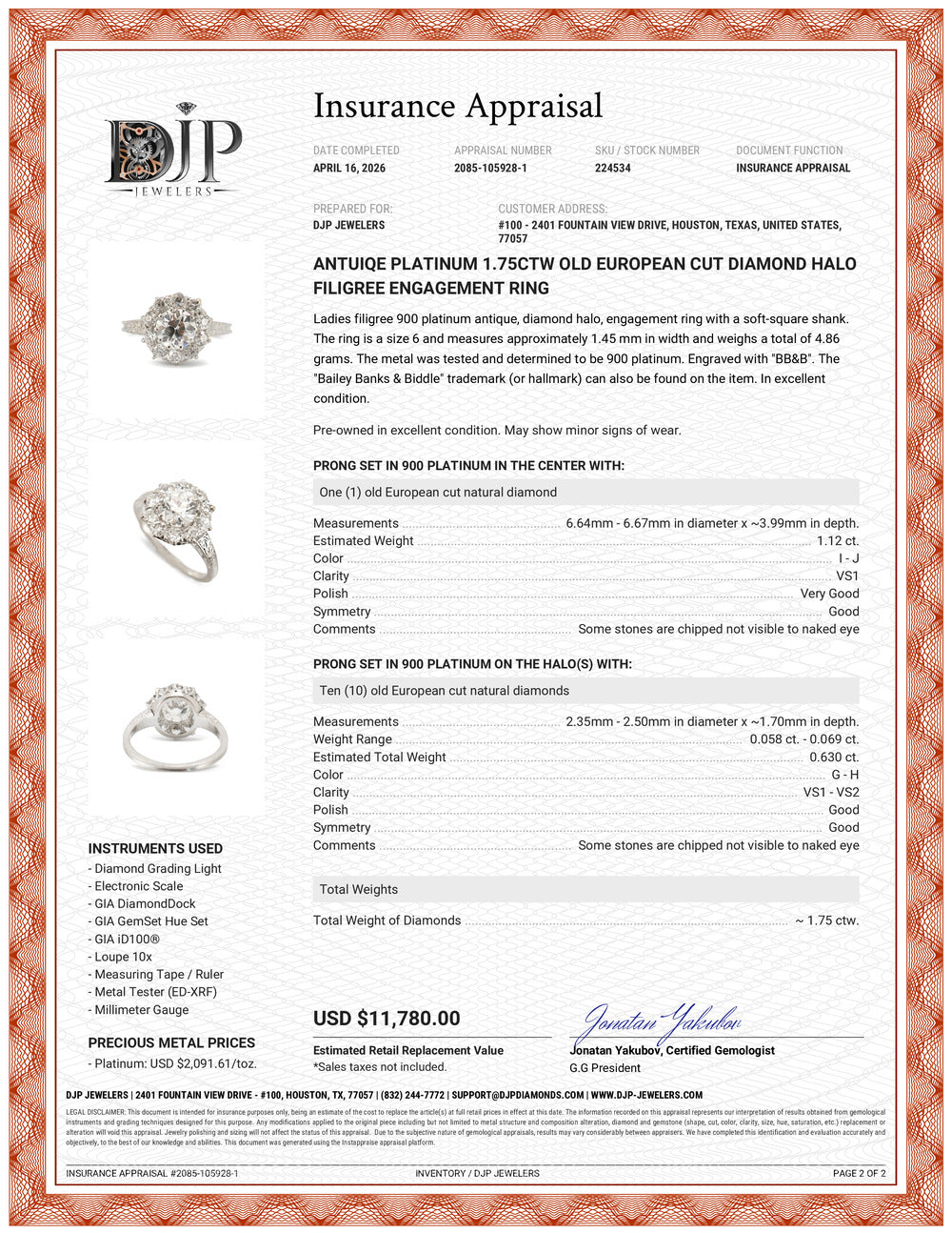 Antuiqe Platinum 1.75ctw Old European Cut Diamond Halo Filigree Engagement Ring