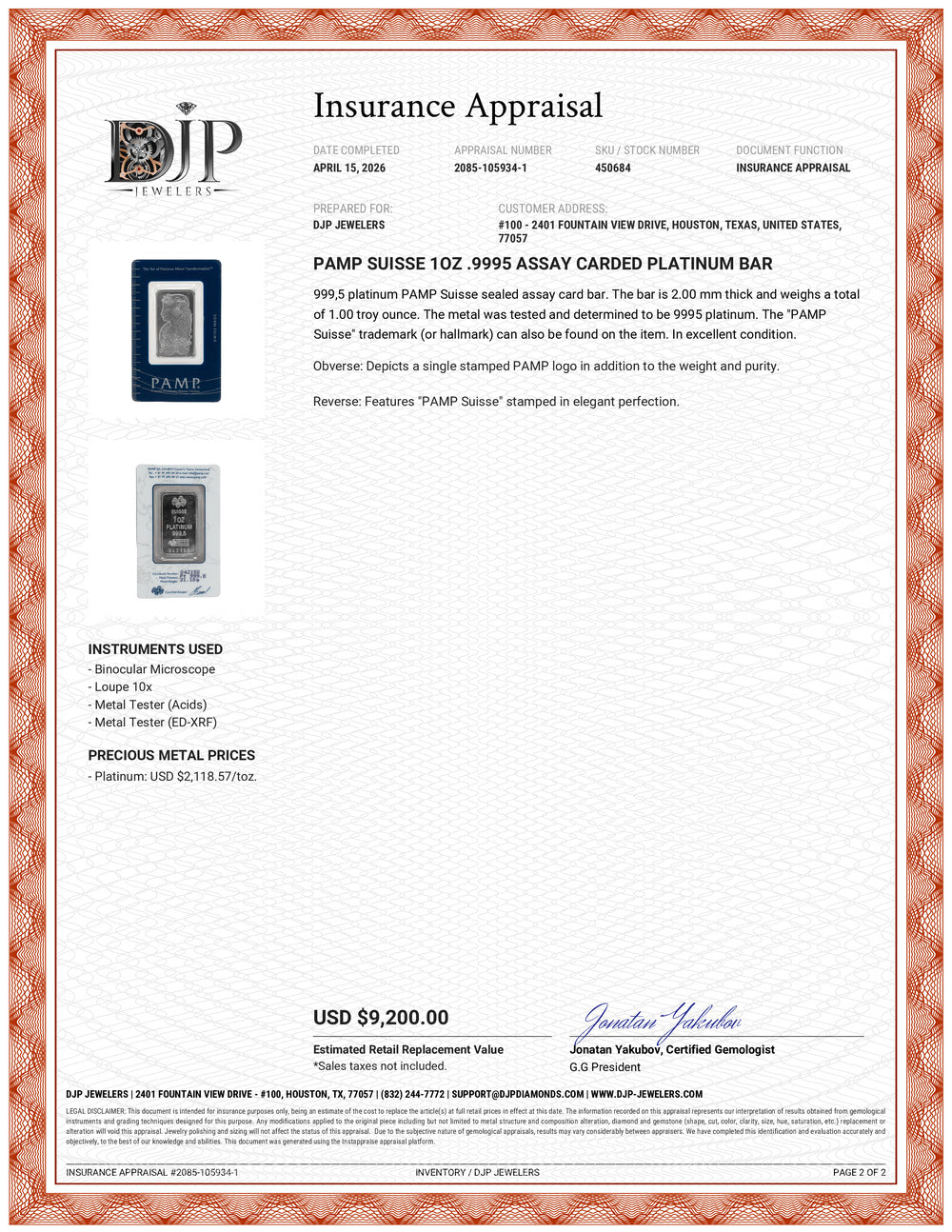 Pamp Suisse 1OZ .9995 Assay Carded Platinum Bar